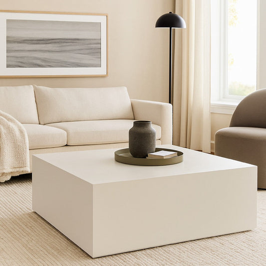 Viko Modern Square Coffee Table | White Wood Faux Concrete Finish | 39"