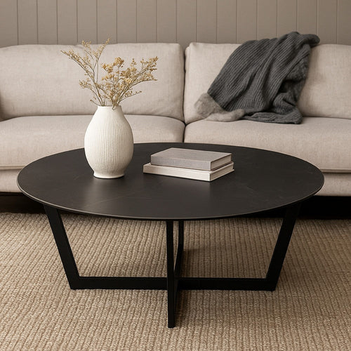 Jole Coffee Cocktail Table | 39" Black Ceramic Glass Top | Metal Base