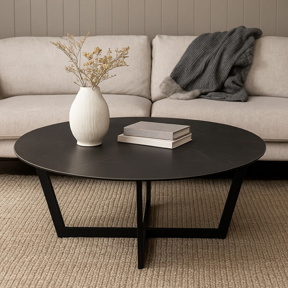 Jole Coffee Cocktail Table | 39" Black Ceramic Glass Top | Metal Base