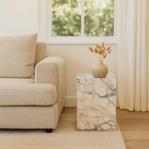 Rey Side End Table | 15" Square Natural Viola Marble Pedestal