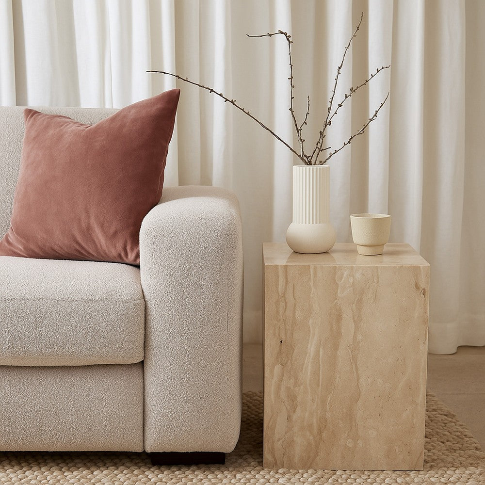 Rey Side End Table | 15" Square Natural Beige Marble Pedestal