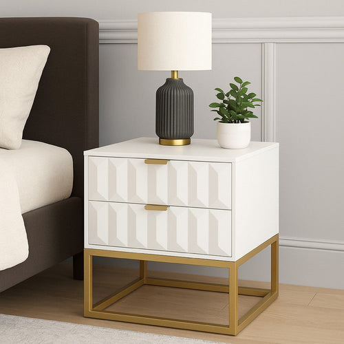 Fiva Nightstand | 2 Drawers | White Solid Mango Wood | Gold Iron Legs