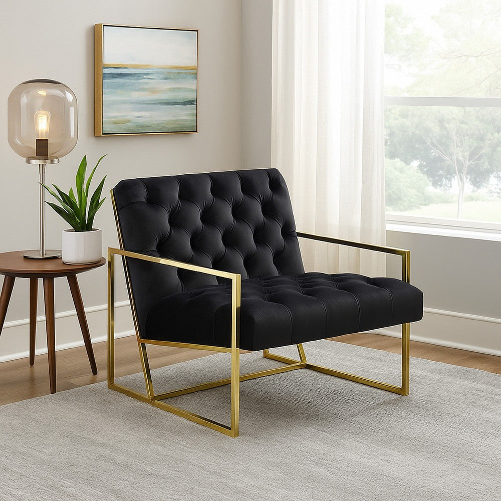 Masy Accent Armchair | Black Tufted Velvet Angled Seat and Back | Gold Legs