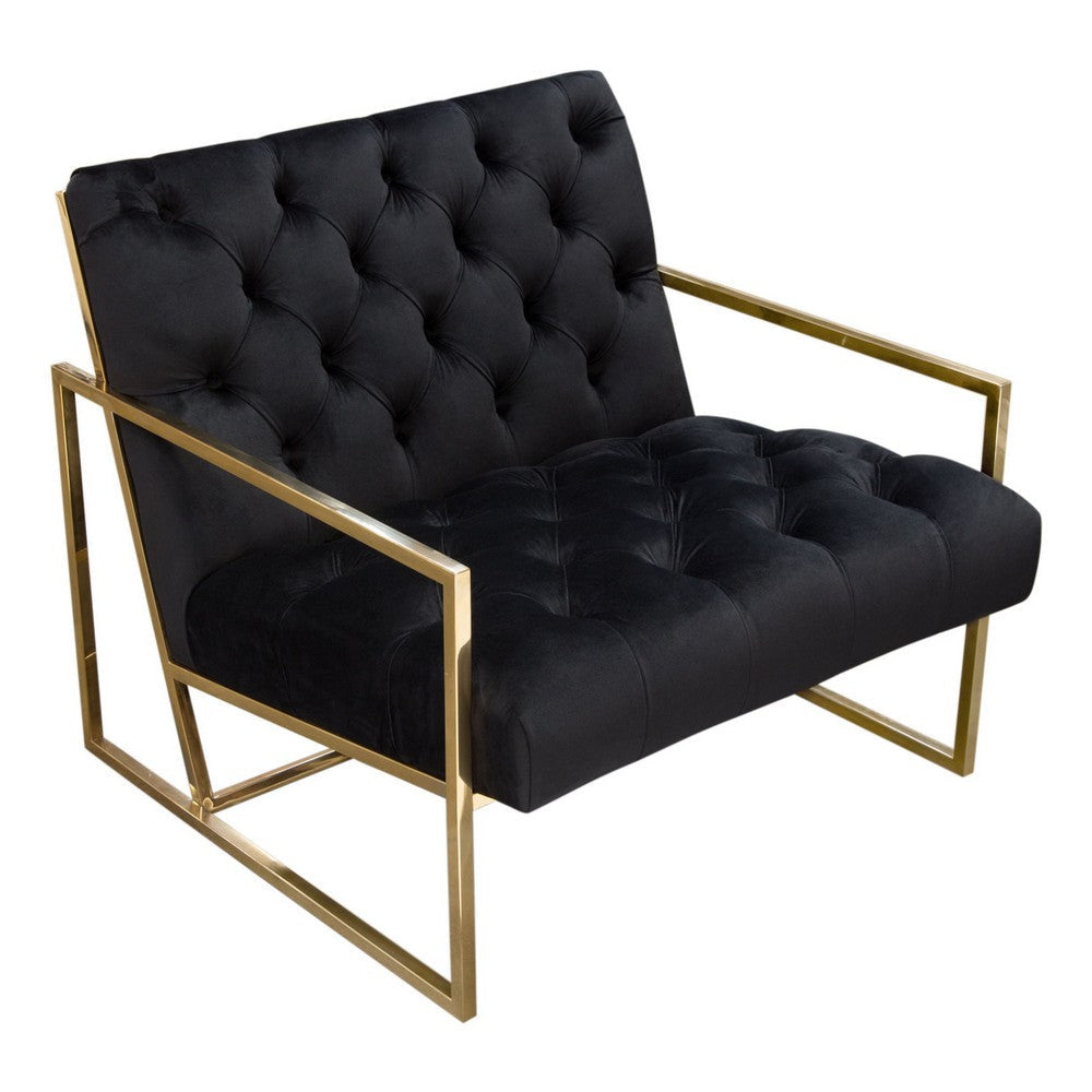 Masy Accent Armchair | Black Tufted Velvet Angled Seat and Back | Gold Legs BM338670