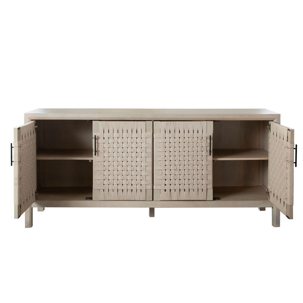 Pam Sideboard Buffet Cabinet 76 Inch Natural Mango Wood w 4 Woven Doors BM338673