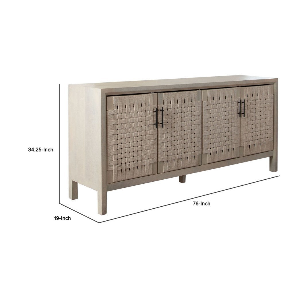 Pam Sideboard Buffet Cabinet 76 Inch Natural Mango Wood w 4 Woven Doors BM338673