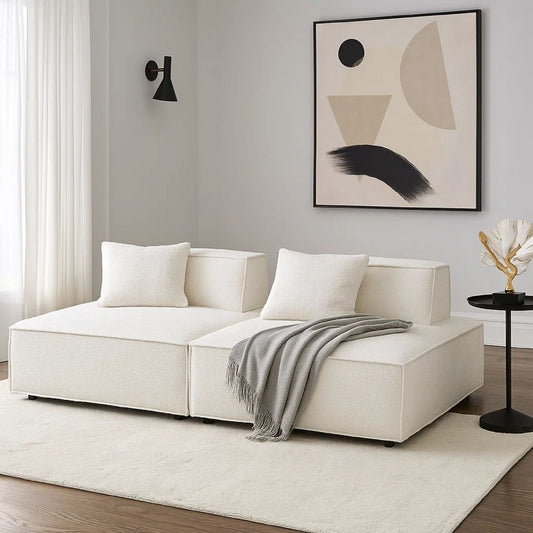 Gada 2 Piece Square Lounger Chair| Welt Trim Ivory Boucle | Solid Wood