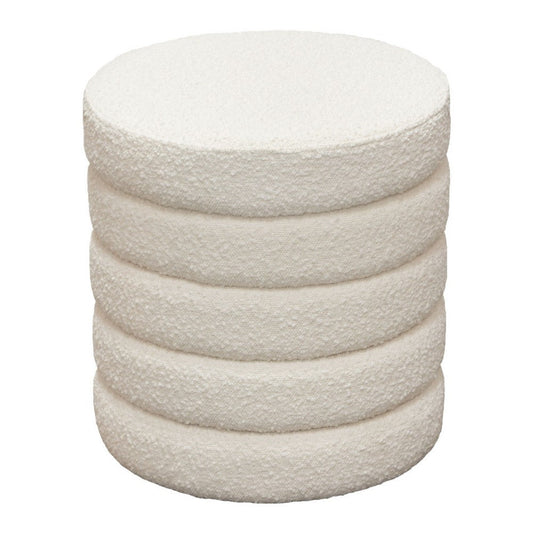 Accent Ottoman | 17" | Ivory Boucle Upholstery |  Round Stacked Design