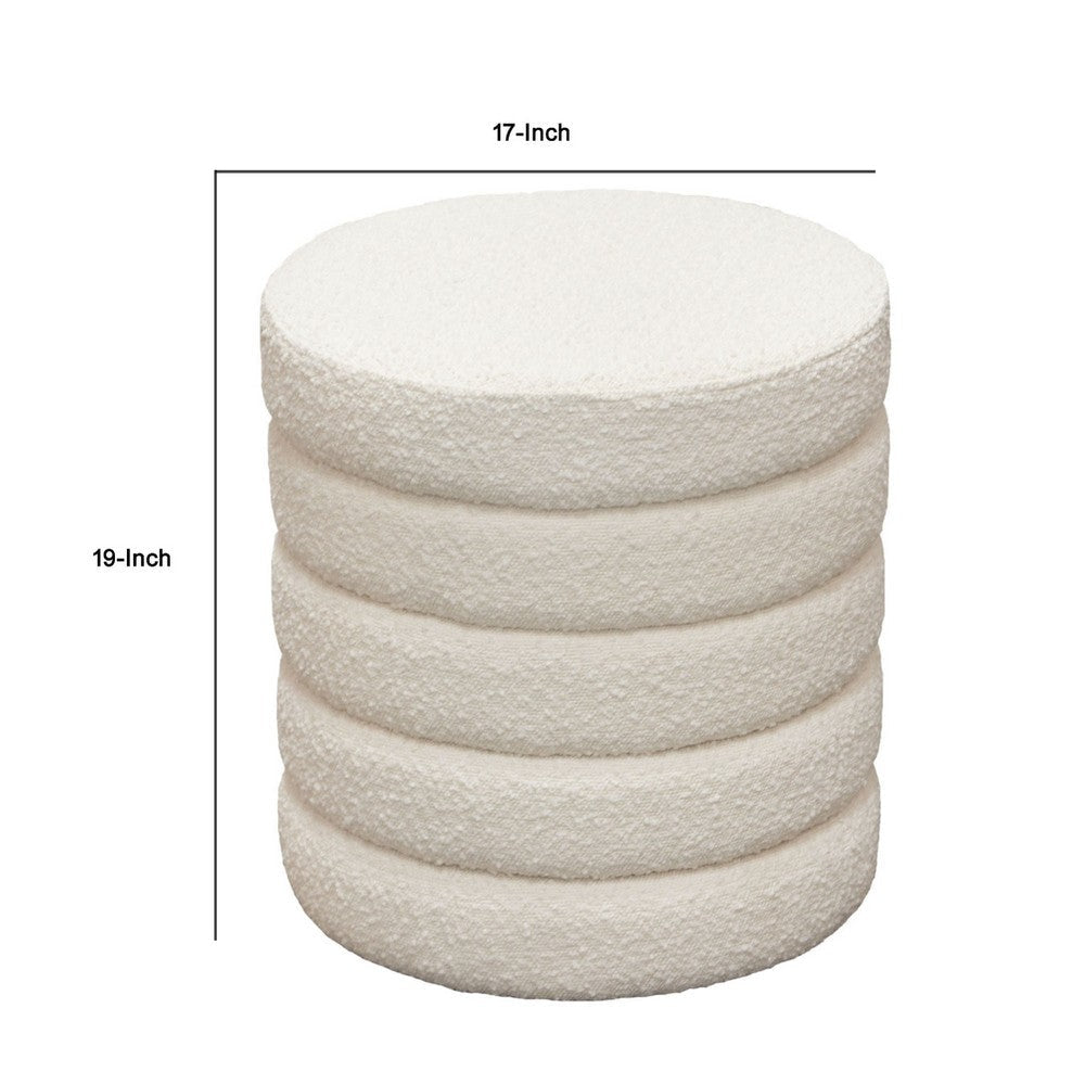 Accent Ottoman | 17’’ | Ivory Boucle Upholstery | Round Stacked Design BM338681
