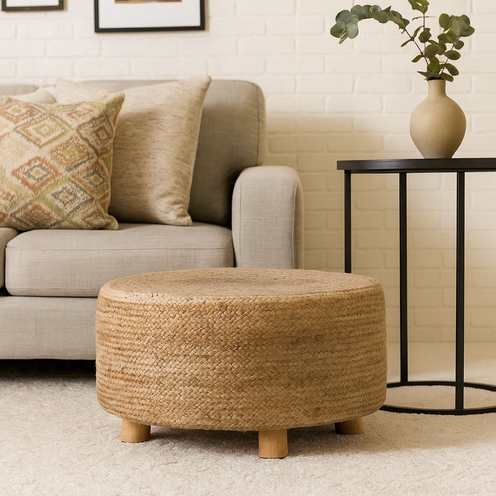 Accent Stool | 25" | Round Natural Brown Jute Seat | Wood Legs