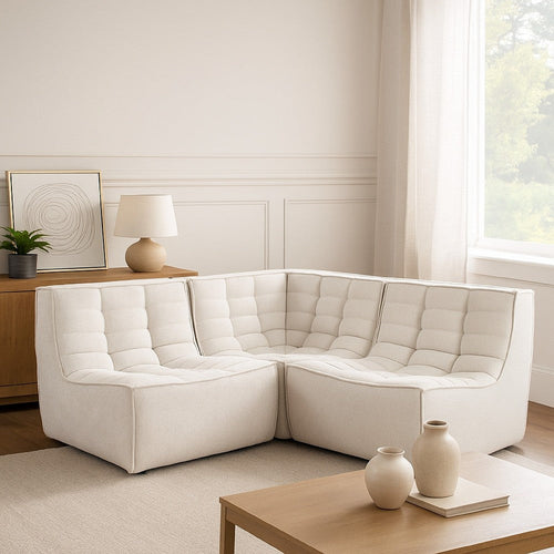 Ema 3 Piece Sectional Sofa | Sand Beige Fabric | Scooped Seat | Grid Tufting