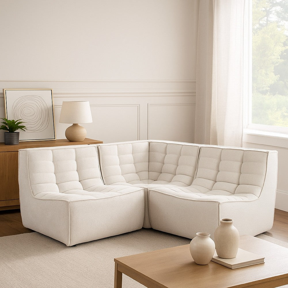 Ema 3 Piece Sectional Sofa | Sand Beige Fabric | Scooped Seat | Grid Tufting