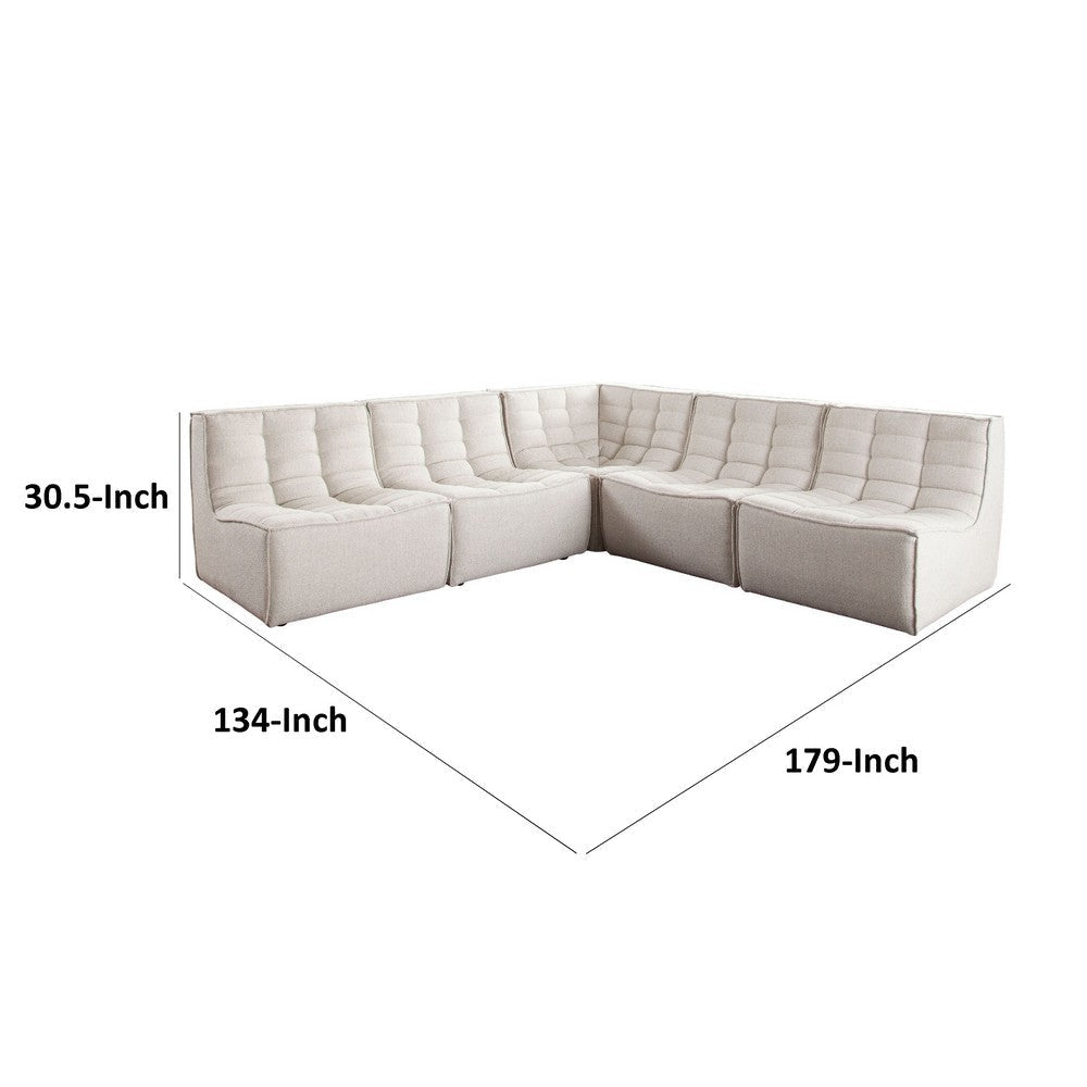 Ema 5 Piece Sectional Sofa | Sand Beige Fabric | Scooped Seat | Grid Tufting BM338697