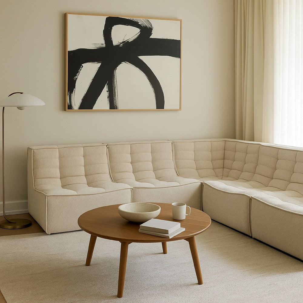 Ema 5 Piece Sectional Sofa | Sand Beige Fabric | Scooped Seat | Grid Tufting