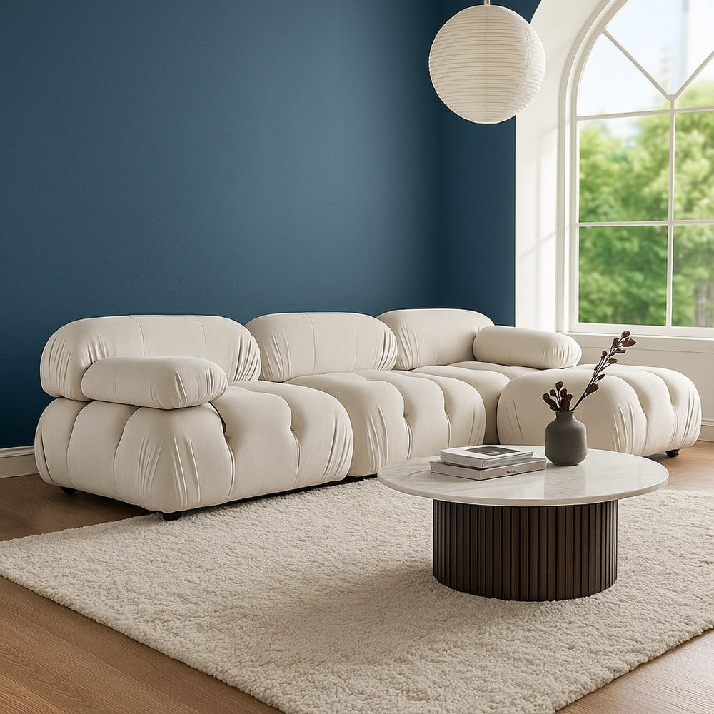Hito 4 Piece Modular Sectional Chaise Sofa Set | Cream Bubble Grid Tufting