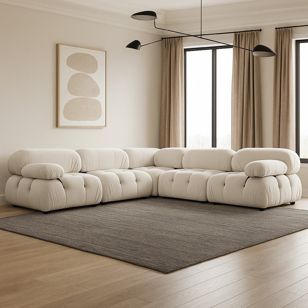 Hito 5 Piece Modular Sectional L Sofa Set | Light Cream Bubble Grid Tufting