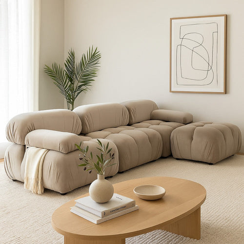 Hito 4 Piece Modular 111" Sectional Chaise Sofa Set, Tan Brown Bubble Grid Tufting