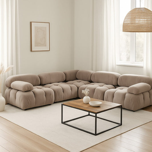 Hito 5 Piece Modular Sectional L Sofa Set | Tan Brown Bubble Grid Tufting