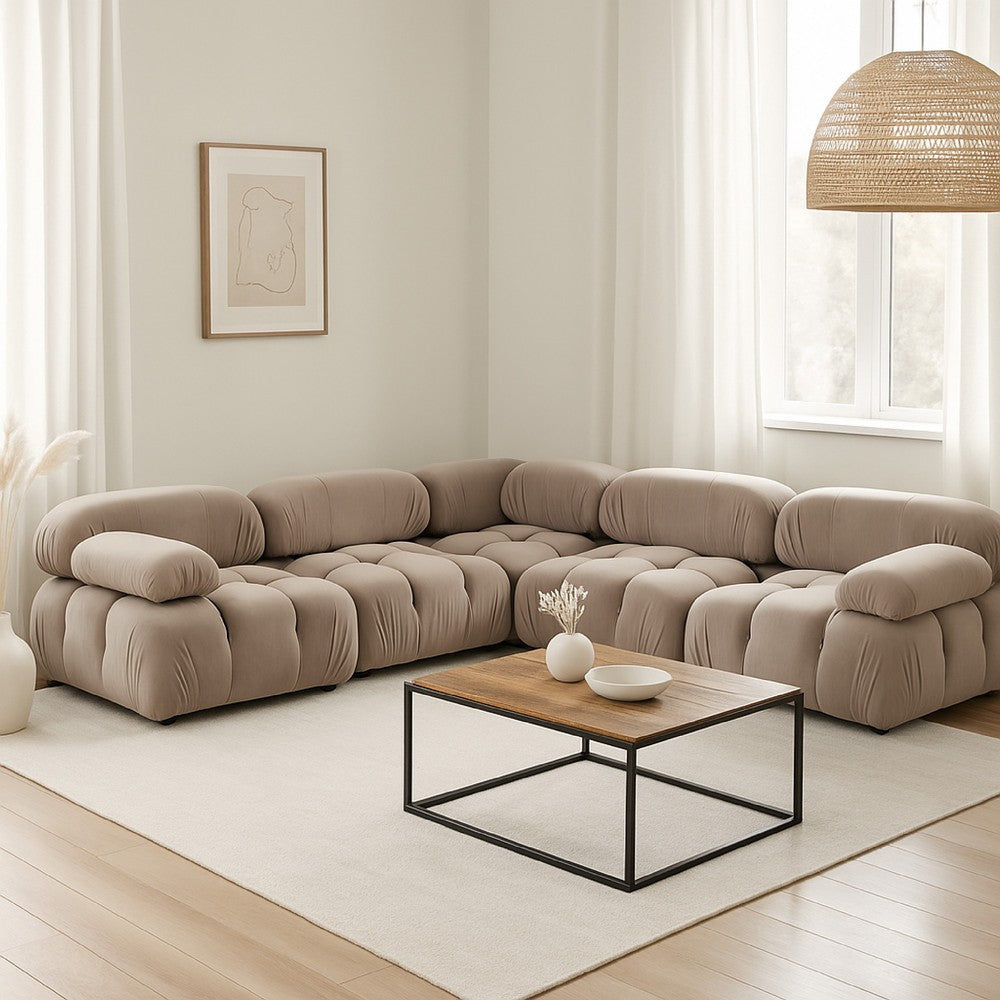 Hito 5 Piece Modular Sectional L Sofa Set | Tan Brown Bubble Grid Tufting