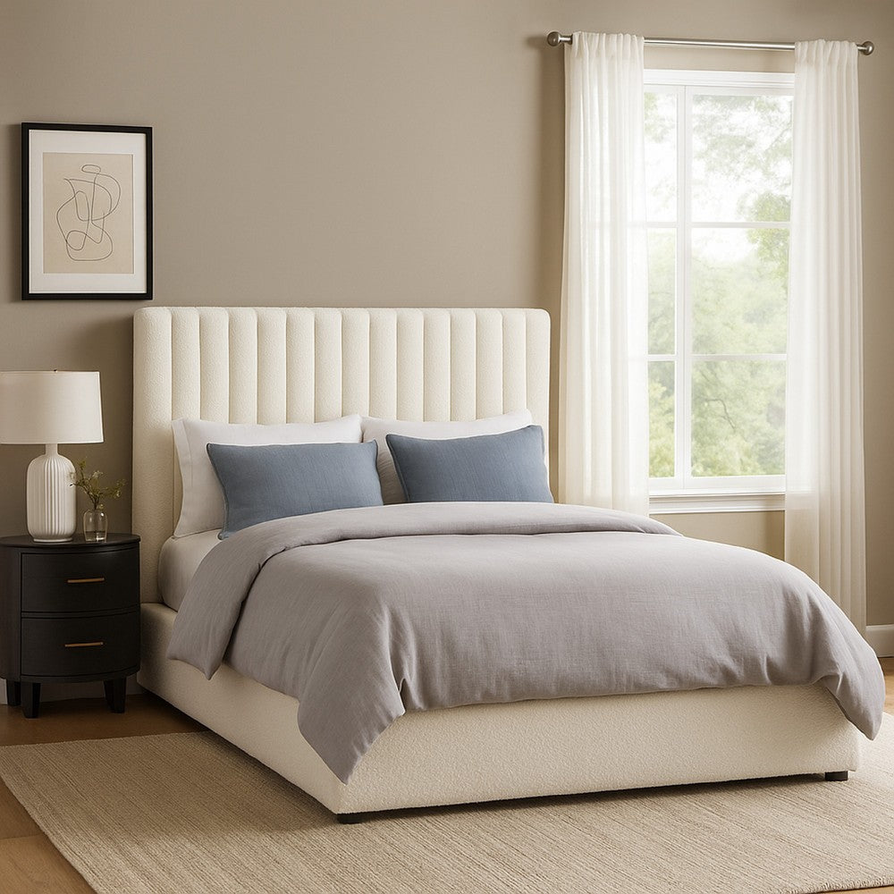 Rouk Queen Bed | 88" | Channel Tufted Headboard | Ivory Polyester