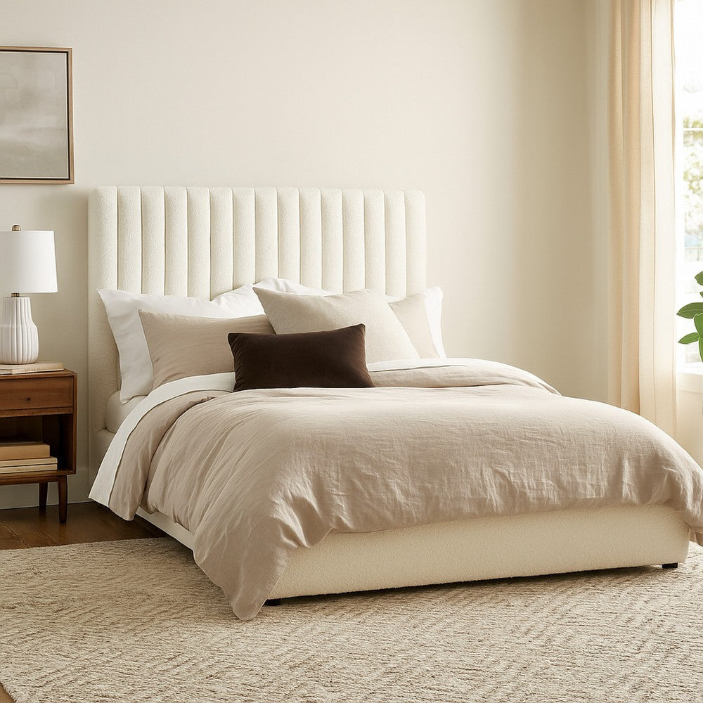 Rouk King Size Bed | 88" | Tufted Headboard | Ivory Polyester