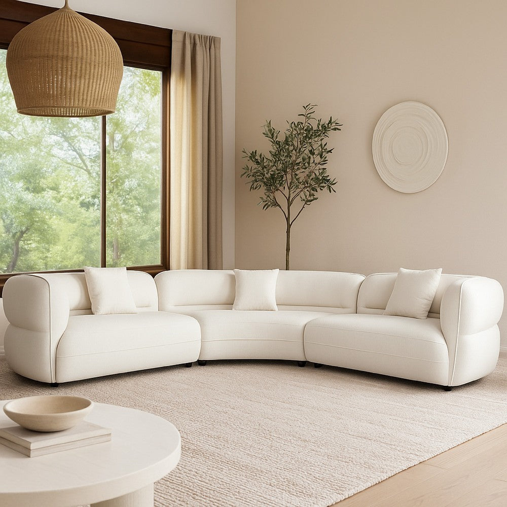 Micy 3pc Sectional Sofa | 3 Accent Pillows | Textured Ivory Polyester
