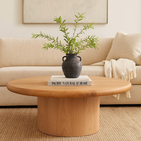 Camy Coffee Table | 41" Round Top and Pedestal Base | Light Oak Brown
