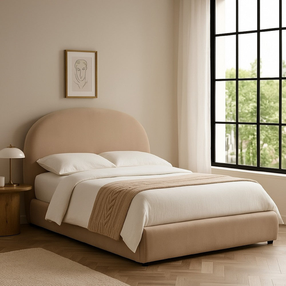 Feny Queen Size Bed w Arch Headboard | Camel Brown Velvet Upholstery