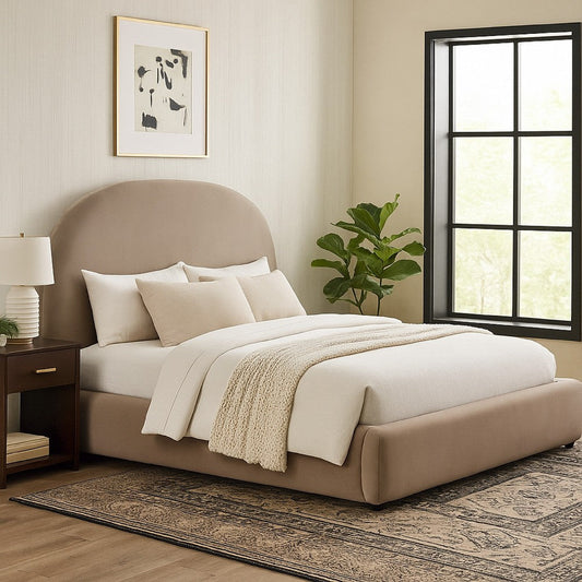 Feny King Size Bed w Arch Headboard | Camel Brown Velvet Upholstery