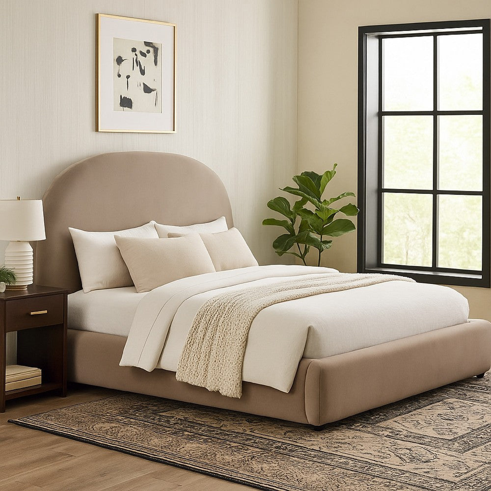 Feny King Size Bed w Arch Headboard | Camel Brown Velvet Upholstery