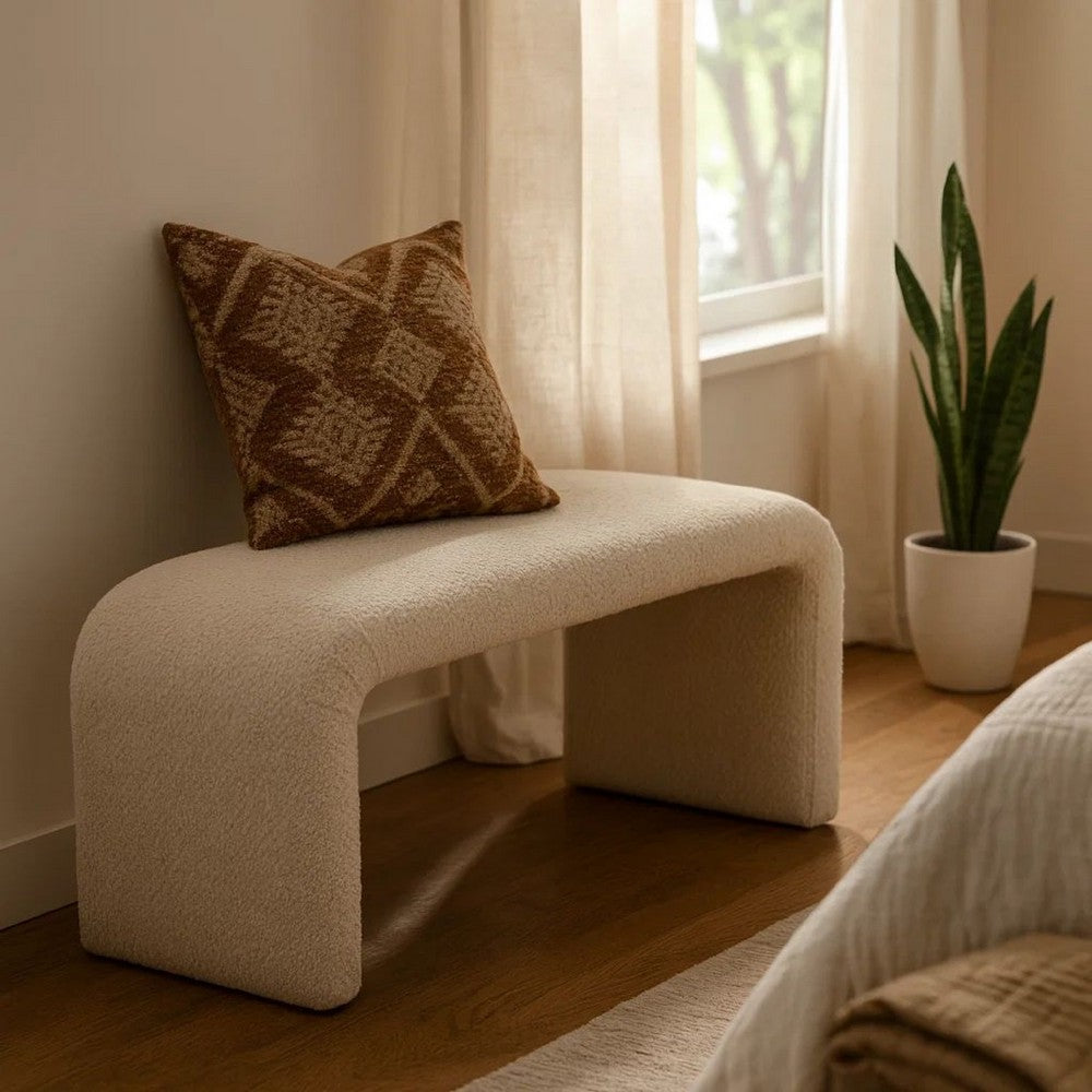 Accent Bench | C Shaped Design Ivory Boucle Upholstery | 44"