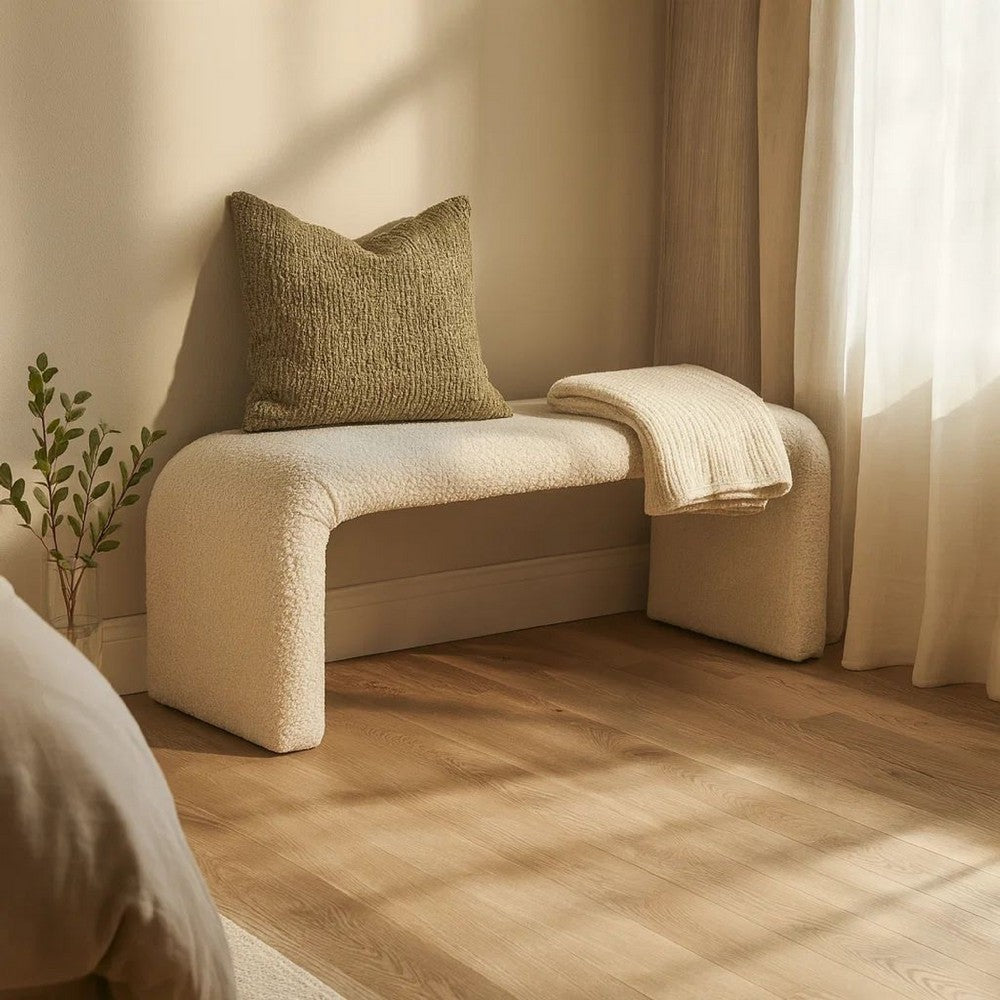 Accent Bench | C Shaped Design Ivory Boucle Upholstery | 44"