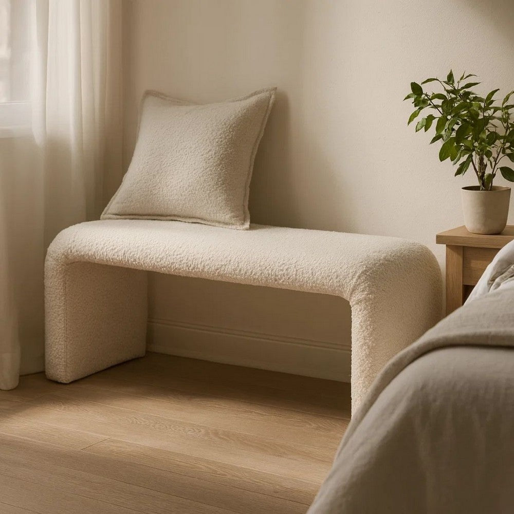 Accent Bench | C Shaped Design Ivory Boucle Upholstery | 44"