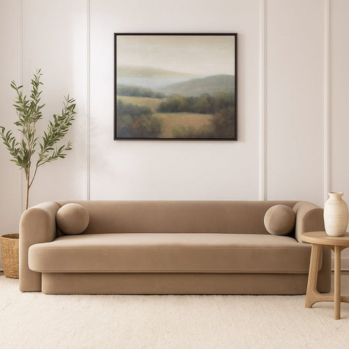 Foxo Retro Sofa | 2 Accent Pillows | Padded Camel Brown Velvet | 99"