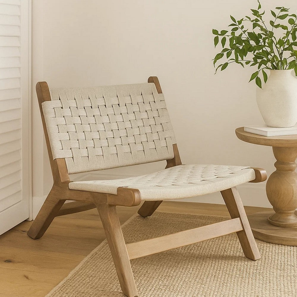 Loe Accent Chair, Boho Natural Rope Woven, Walnut Brown Angled Wood Frame