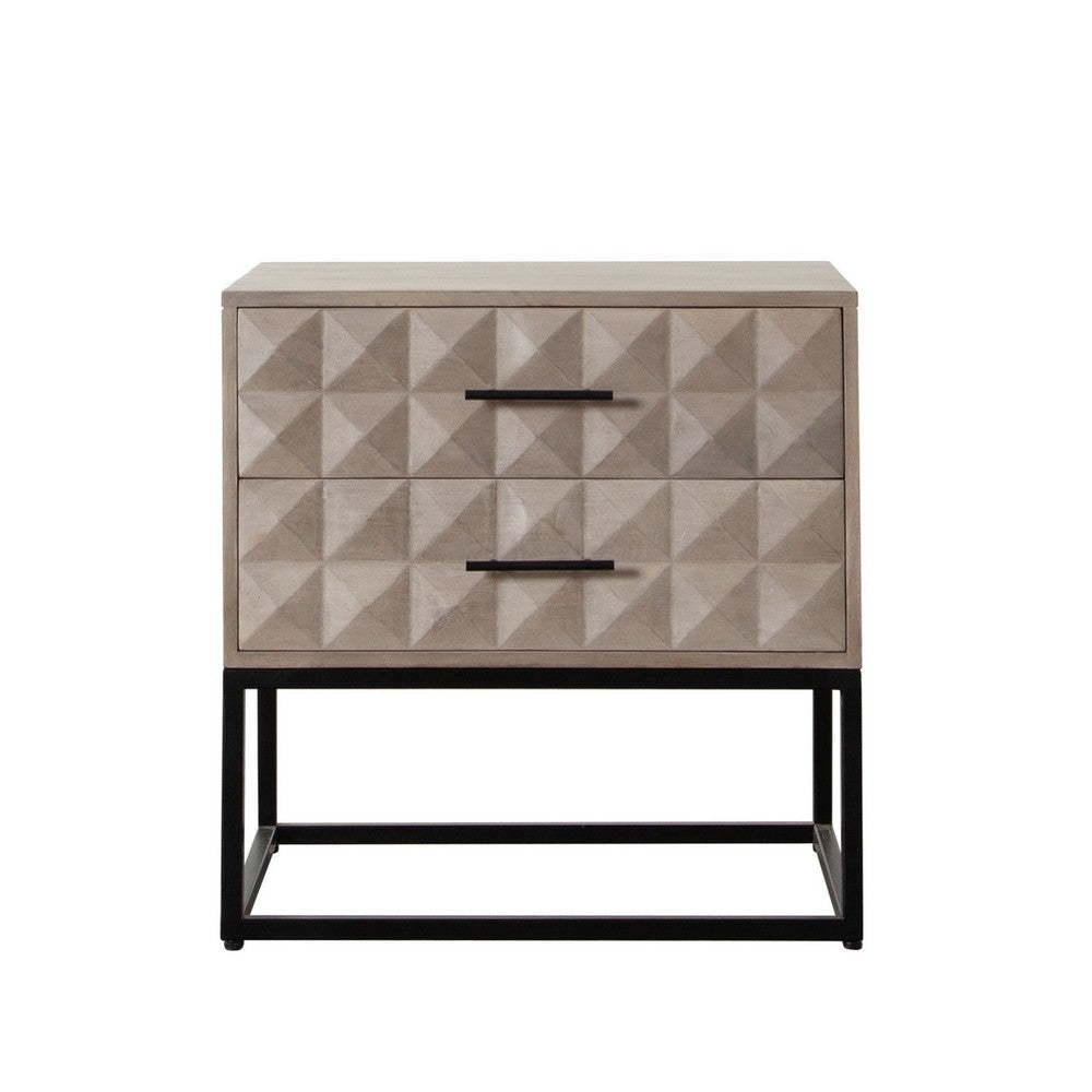 Zoe End Table Nightstand Ash Gray Carved Fronts Black Metal Base BM338755