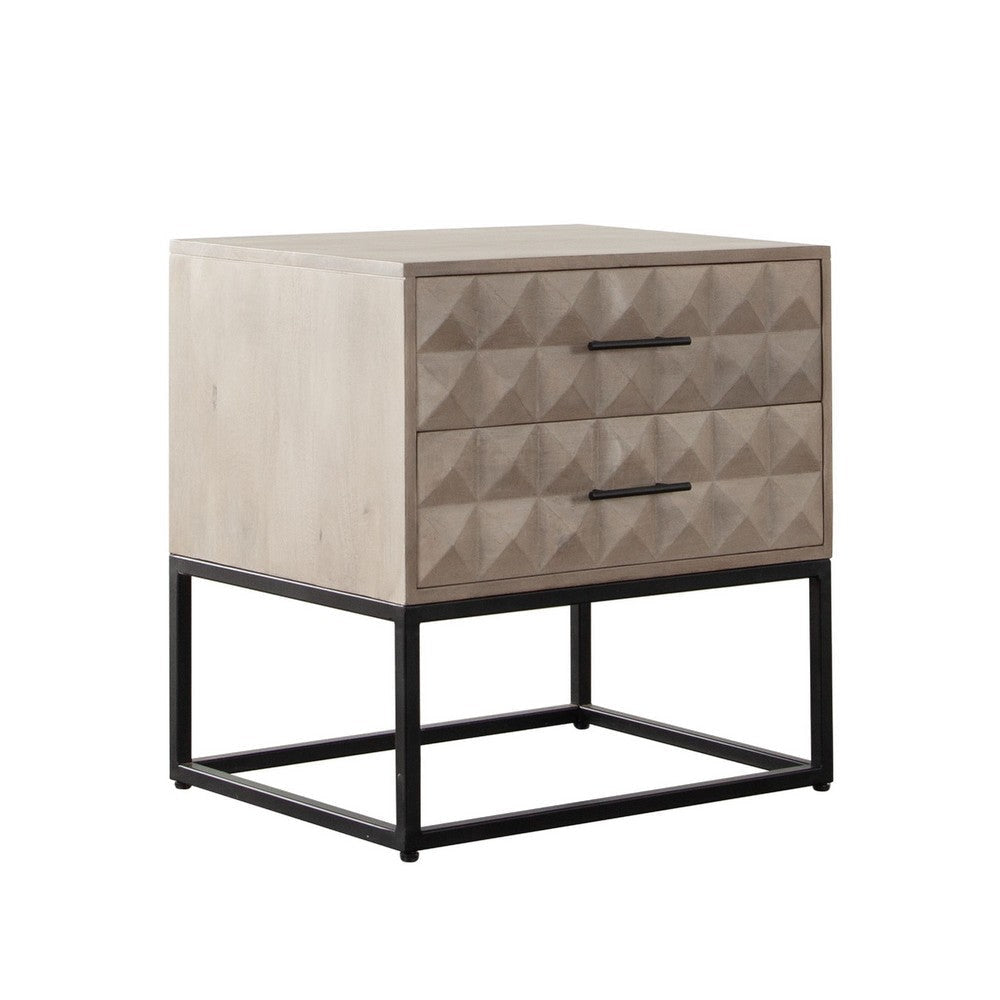 Zoe End Table Nightstand Ash Gray Carved Fronts Black Metal Base BM338755