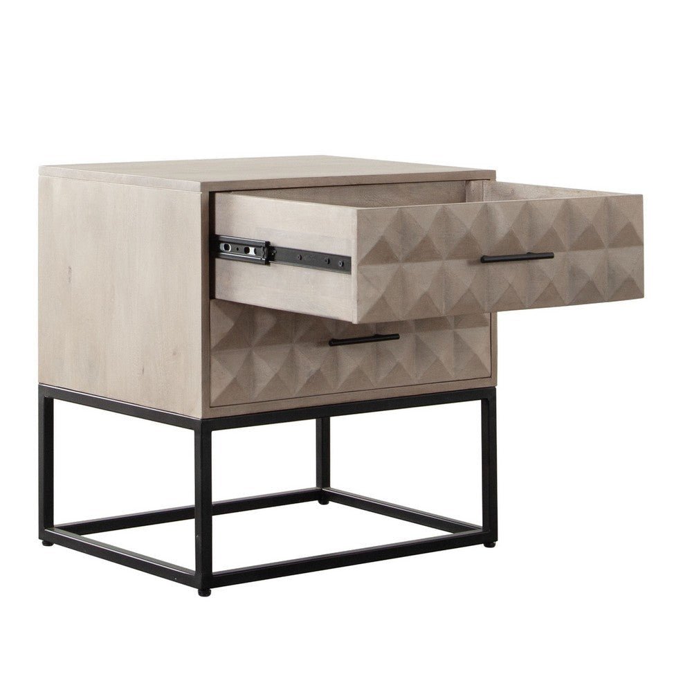 Zoe End Table Nightstand Ash Gray Carved Fronts Black Metal Base BM338755