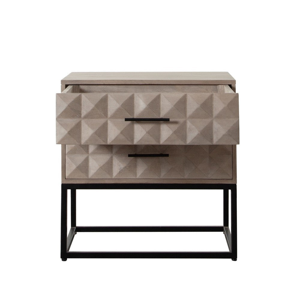 Zoe End Table Nightstand Ash Gray Carved Fronts Black Metal Base BM338755