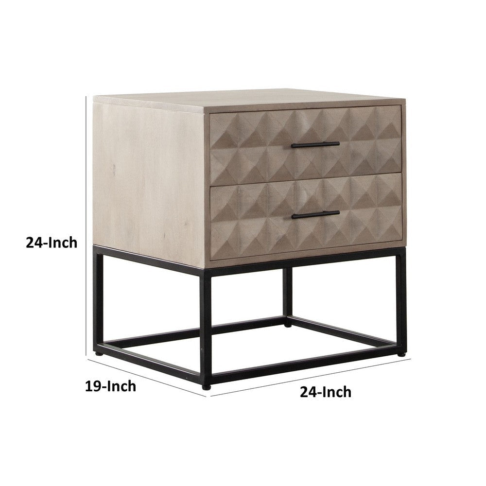 Zoe End Table Nightstand Ash Gray Carved Fronts Black Metal Base BM338755