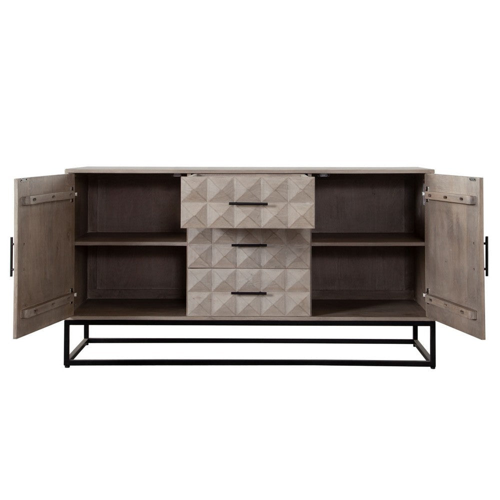 Zoe Wide Dresser 3 Drawers 2 Doors Ash Gray Carved Front Panels BM338756