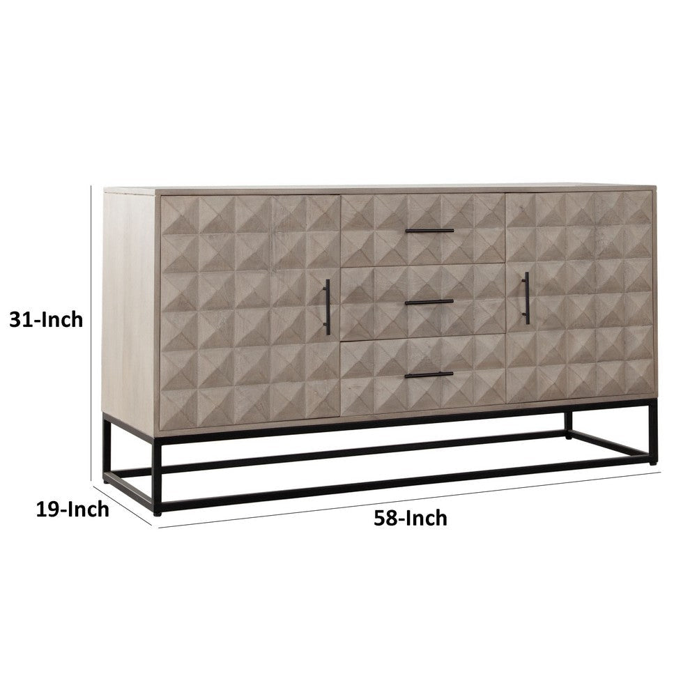 Zoe Wide Dresser 3 Drawers 2 Doors Ash Gray Carved Front Panels BM338756