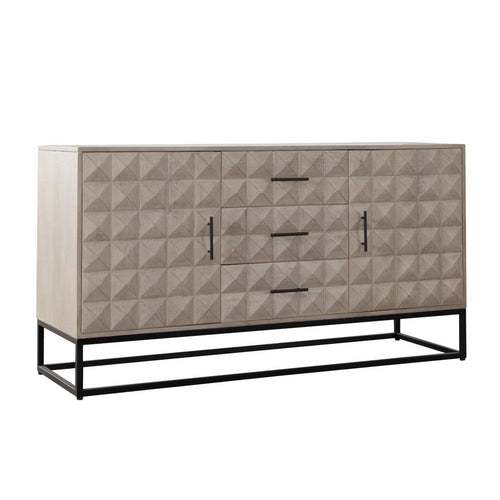 Zoe Wide Dresser, 3 Drawers 2 Doors, Ash Gray Carved Front Panels