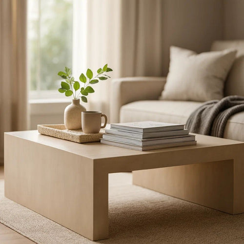 Somy Modern Coffee Table, 40" Square Top, Wide Panel Legs, Natural Gray