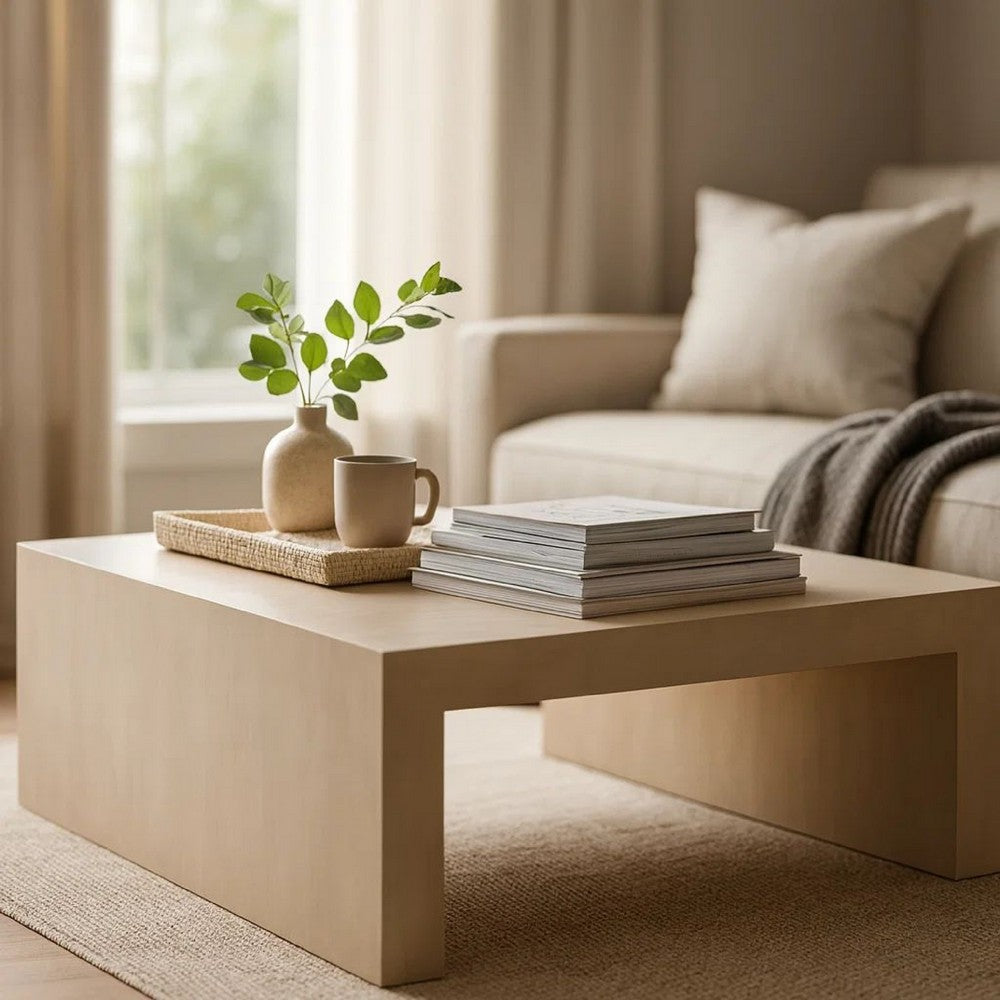 Somy Modern Coffee Table, 40" Square Top, Wide Panel Legs, Natural Gray