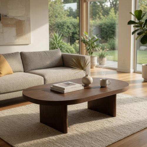 Peny Coffee Table, 47" Oval Top w / Panel Legs in Dark Oak Brown