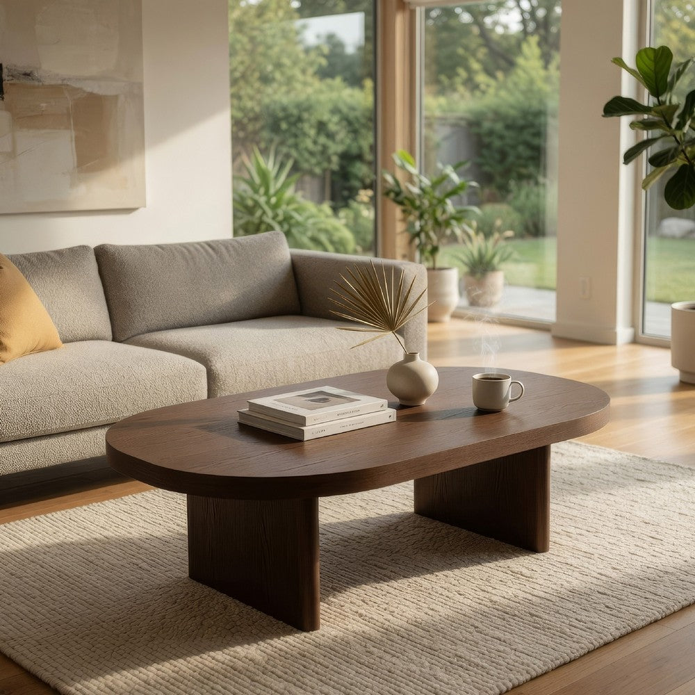 Peny Coffee Table, 47" Oval Top w / Panel Legs in Dark Oak Brown