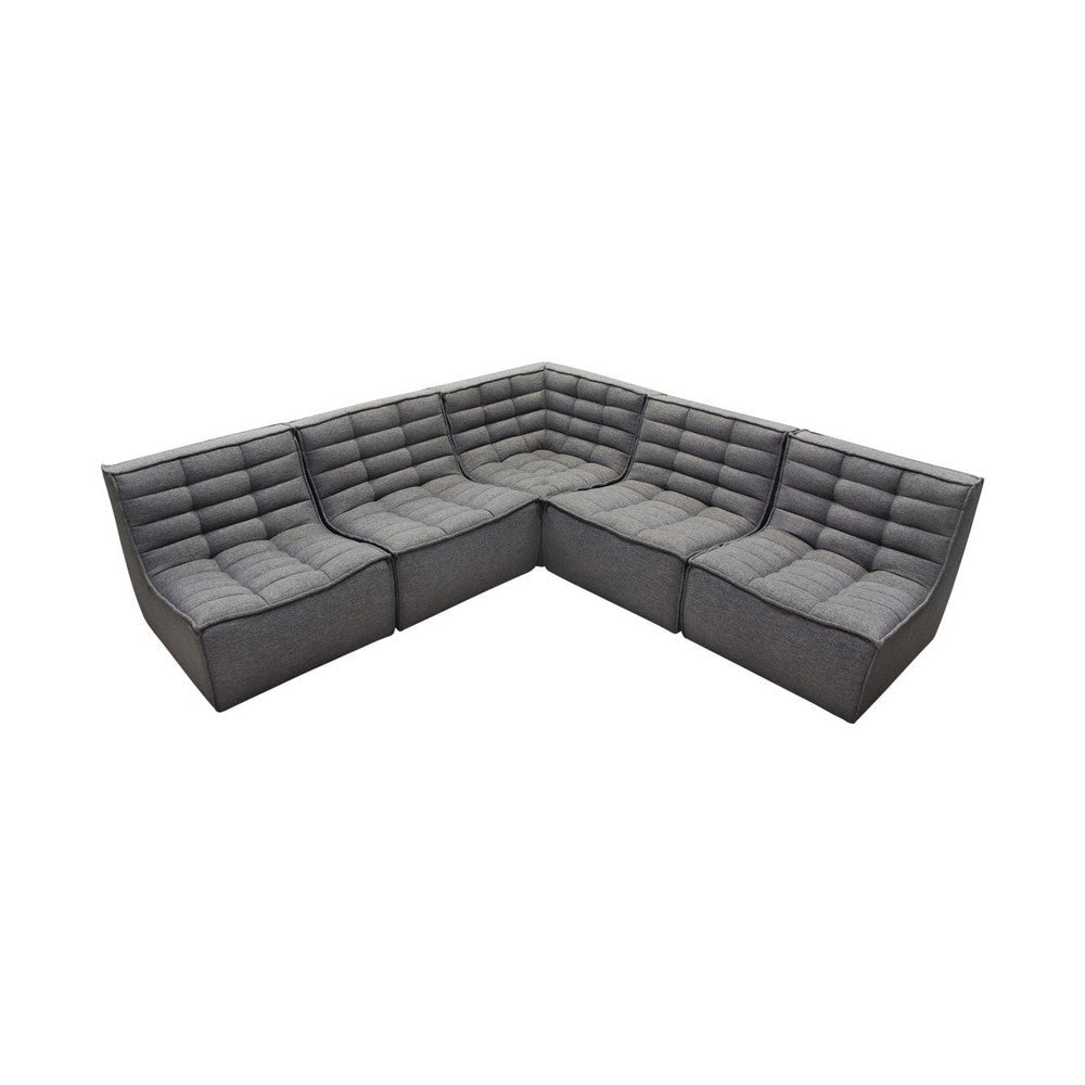 Ema 5pc L Shape Modular Sectional Corner Sofa | Grid Tufted Gray Polyester