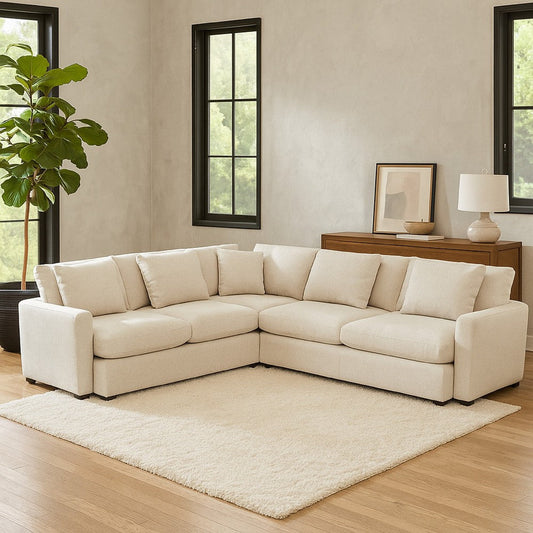 Arcy 3pc Sectional Sofa w Square Corner Chair | 5 Pillows | Cream White