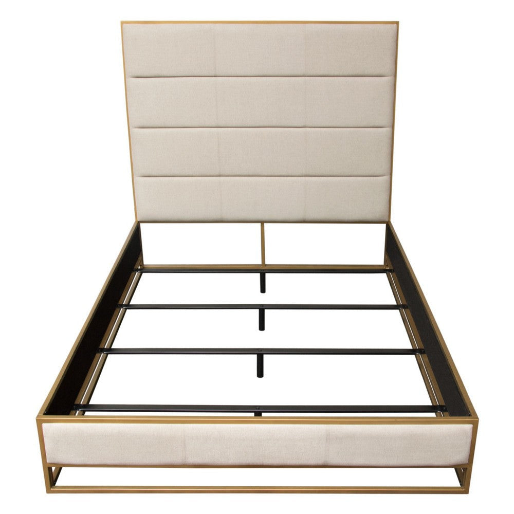 Chek Queen Size Bed w Channel Tufted Upholstery | Sand Brown | Gold Metal BM338773